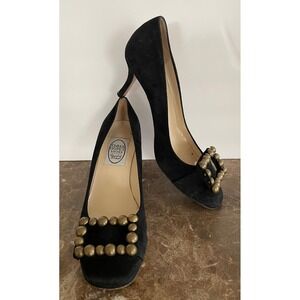 Vtg Emma Hope Black Suede Studded Buckle Kitten Heel Pumps Luxury Italy 37.5 7.5